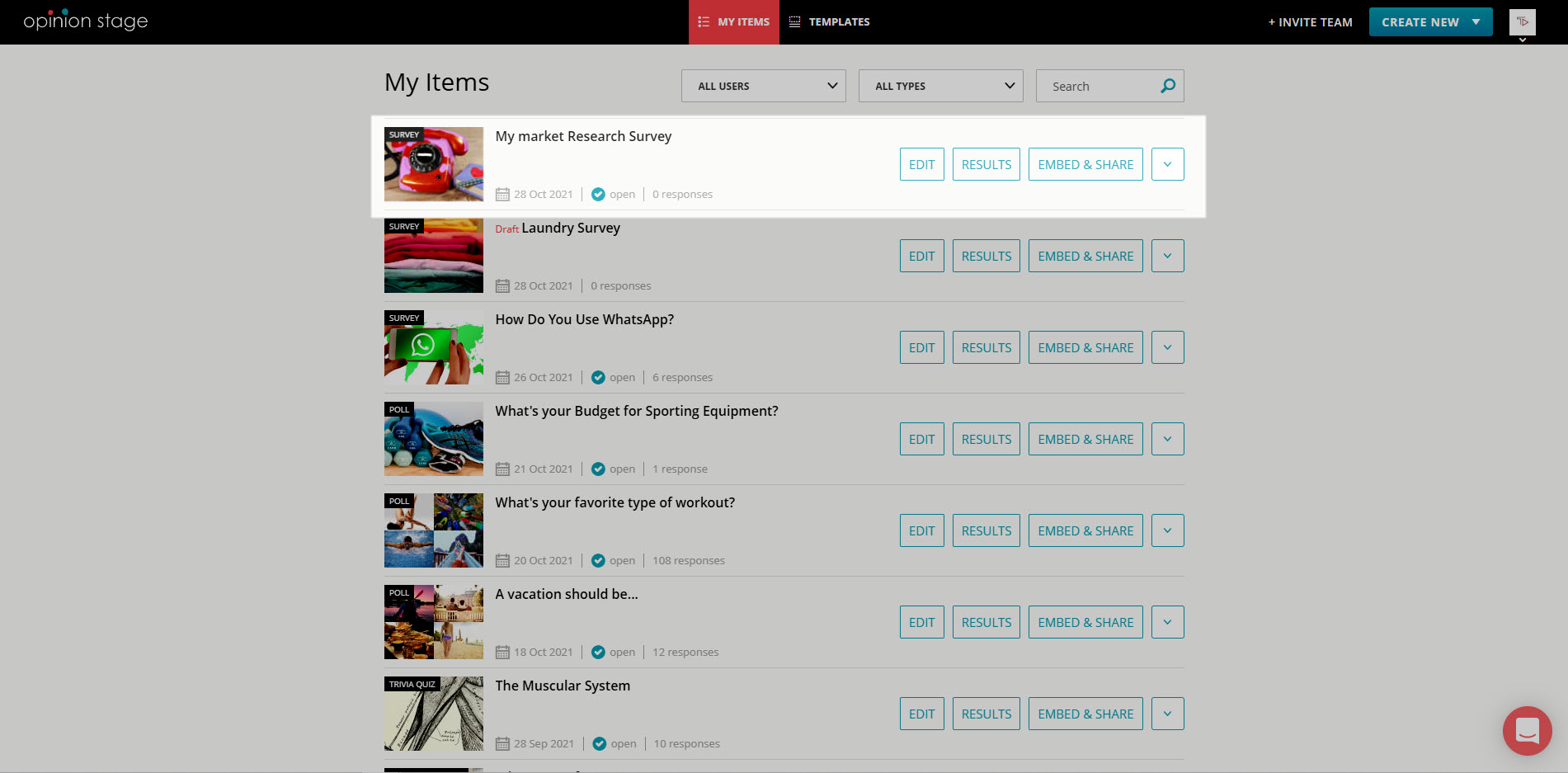 survey in my items