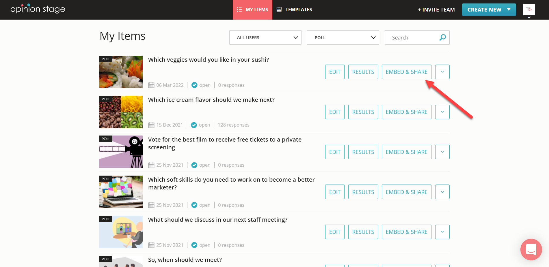 find poll in items dashboard