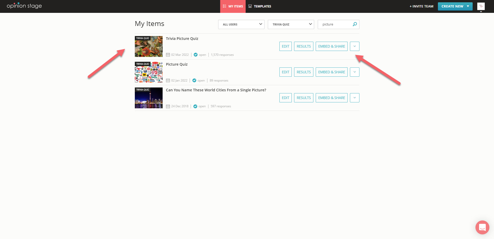 find your quiz in the items dashboard