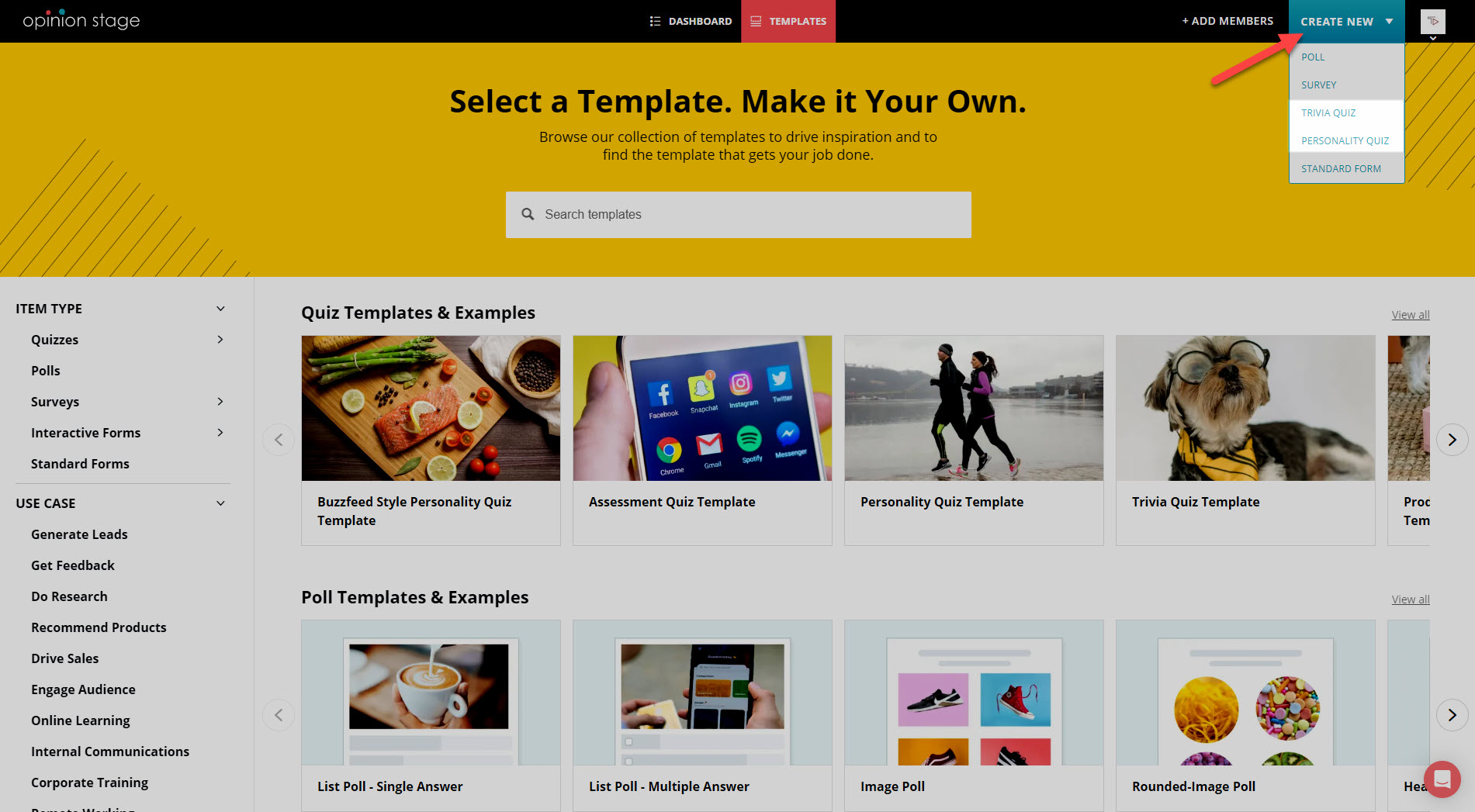 select the instagram quiz type you want to create