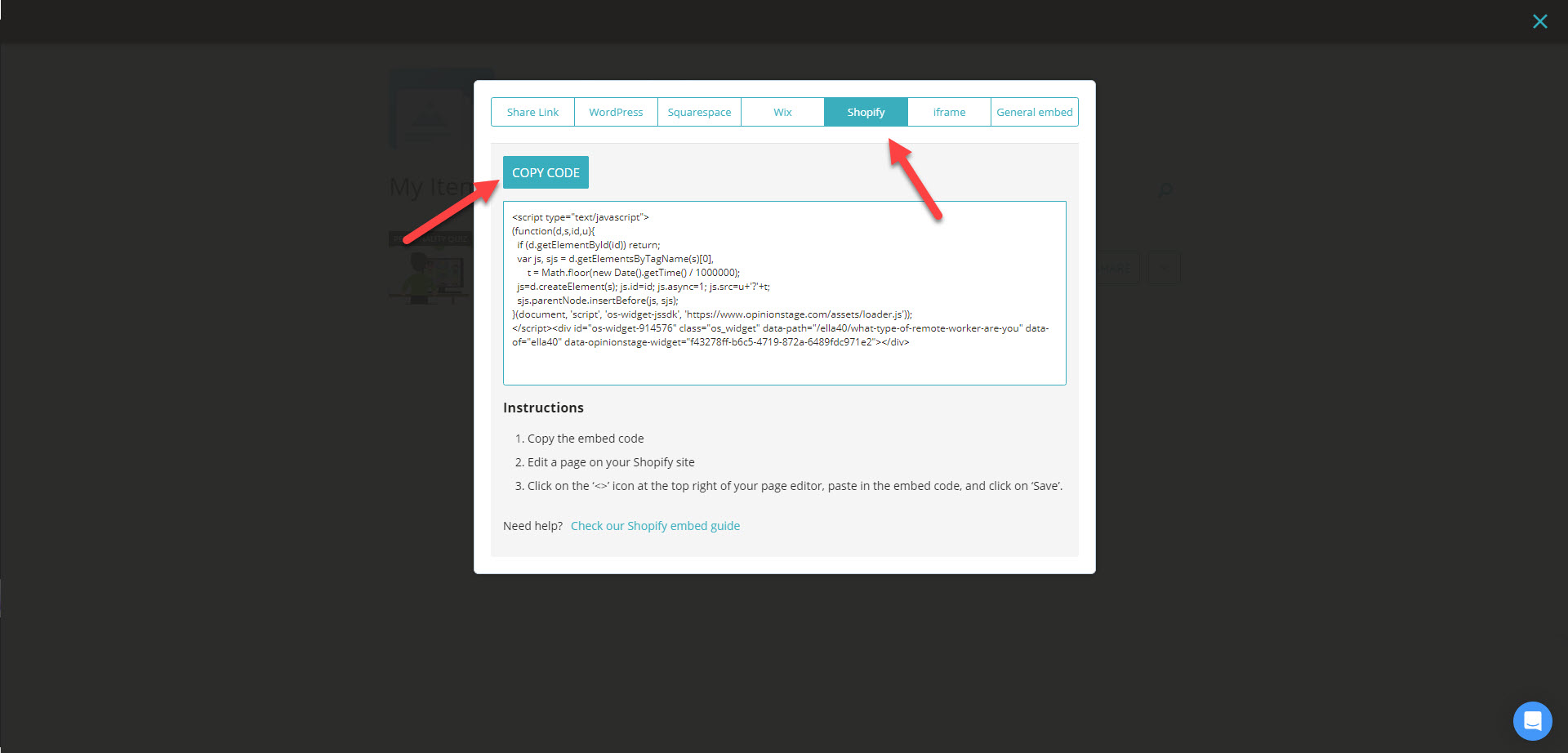 copy shopify embed code
